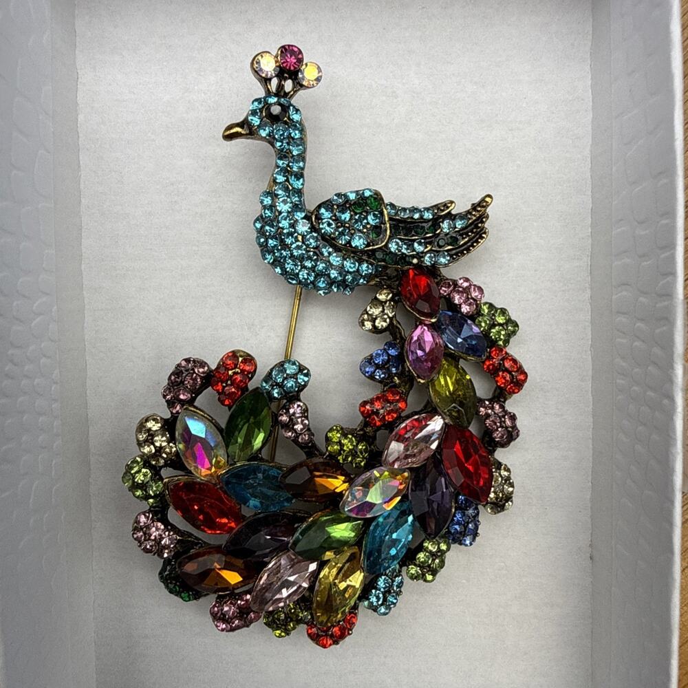 Large 2.75" Peacock Rhinestone Brooch Blue Red Green Pink Crystals Chunky